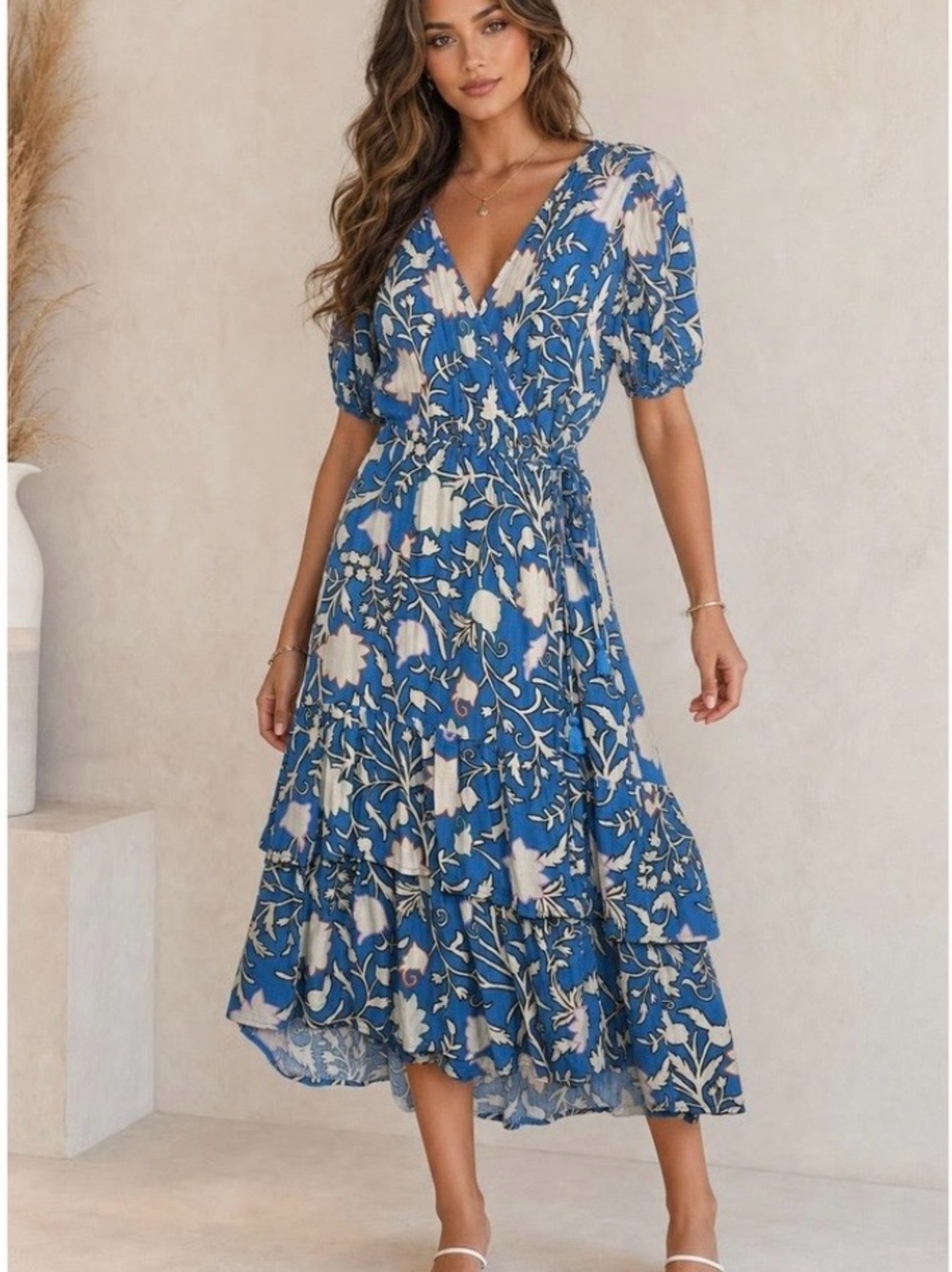 Knox Rose Blue Floral Wrap Midi Dress Tiered Ruffle Hem Pockets Bohemian Sz L